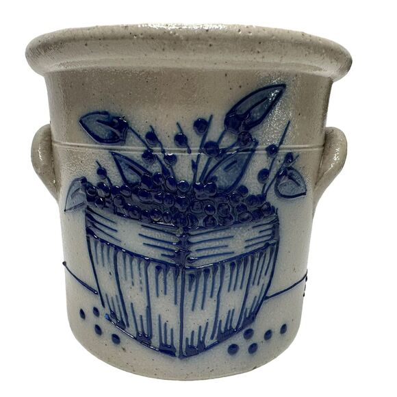 1992 Salmon Falls Blue Decorated Stoneware Blue Berries Basket CrockWare Pottery - Picture 8 of 13